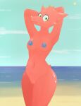  absurd_res anthro areola beach biped breasts female genitals hi_res holemann horn kobold looking_at_viewer navel nipples non-mammal_breasts nude outside pussy raised_arms red_body red_scales scales scalie seaside smile solo standing yellow_eyes 