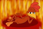  anthro avian balls bedroom_eyes bird chicken darkajugin disney feathers fire flaccid flirting foreskin galliform gallus_(genus) genitals hi_res lying male narrowed_eyes nude on_side panchito_pistoles penis phasianid red_body red_feathers seductive solo the_three_caballeros tight_foreskin 