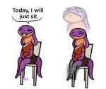  2021 anthro bodily_fluids chair clothed clothing cobra english_text furniture hi_res humor keeshee ncs paresthesia purple_body reptile scalie signature simple_background sitting smile snake snake_hood static tears text white_background 