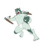  1:1 4_toes 5_fingers absurd_res anthro areola asian_clothing biped blue_eyes canid canine canis claws clothed clothing club_(weapon) east_asian_clothing feet fighting_pose fingers fundoshi fur green_body green_claws green_fur hi_res holding_object holding_weapon japanese_clothing looking_at_viewer male mammal melee_weapon mentaiko muscular muscular_anthro muscular_male nightstick nipples open_mouth pink_nipples pose simple_background solo teeth toe_claws toes topless underwear weapon white_background white_clothing white_underwear 