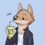  1:1 anthro black_nose blue_background brown_body brown_fur canid canine canis cheek_tuft clothed clothing comic cup digital_media_(artwork) drinking facial_tuft fur head_tuft hi_res holding_cup holding_object juantriforce male mammal neck_tuft ragey red_wolf simple_background solo straw tuft wolf 