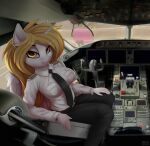  absurd_res aircraft airplane anthro belt blonde_hair bottomwear breasts clothed clothing cockpit digital_media_(artwork) equid equine eyebrows eyelashes fan_character female fur hair hasbro hi_res horn long_hair looking_at_viewer mammal my_little_pony necktie pants pony-way shaded solo topwear uniform white_body white_fur winged_unicorn wings 