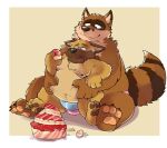  2021 anthro belly belly_grab black_nose brown_body brown_fur bulge cake canid canine canis clothing dessert domestic_dog duo eating food fur ginnosuke hi_res hug hugging_from_behind kemono male male/male mammal moobs nipples overweight overweight_male raccoon_dog simple_background sitting tanuki underwear 