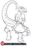  alternate_species anthro armwear bag belt biped bottomwear breasts butt camel_toe claws clothed clothing crouching digital_media_(artwork) digitigrade dino_crisis dinosaur dromaeosaurid fanny_pack feet female finger_claws furgonomics furrification hi_res legwear logo looking_at_viewer looking_back markings monochrome non-mammal_breasts pants predaguy presenting presenting_hindquarters pupils raised_claws raised_tail rear_view regina_(dino_crisis) reptile scalie sharp_teeth shirt simple_background slit_pupils smile solo standing striped_markings stripes teeth text theropod toe_claws toes topwear url velociraptor white_background 