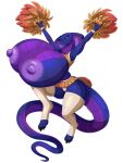  anthro big_breasts bottomwear breasts cheerleader claws clothing cobra female finger_claws green_eyes hi_res huge_breasts hyper hyper_breasts jumping leggings legwear long_tail looking_at_viewer nadja_coba one_eye_closed panties pom_poms purple_body reptile scalie simple_background skirt smile snake solo suddenhack toe_claws topwear underwear wink 