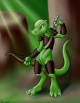  absurd_res anthro anus armor arrow bow_(disambiguation) bracers claws danaume digitigrade female genitals green_body hi_res holding_bow holding_object holding_weapon horn kobold outside pupils pussy quiver ranged_weapon slit_pupils solo standing sun_rays toe_claws tree_stump weapon 