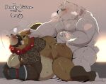  2021 absurd_res anal anthro belly big_belly blush bodily_fluids brown_body brown_fur canid canine duo fur gyobu hi_res humanoid_hands hyaku_(artist) kemono male male/male mammal moobs overweight overweight_male polar_bear raccoon_dog sex shiro_(deadly_kiten) spanking sweat tanuki tokyo_afterschool_summoners ursid ursine video_games white_body white_fur 