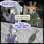  1:1 2021 anthro antlers beastars brown_eyes canid canine canis cervid clothed clothing crossed_arms death dialogue duo english_text hi_res horn humor killing legoshi_(beastars) louis_(beastars) male mammal necktie speech_bubble text topwear vest wolf yatewilliams 