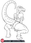 alternate_species anthro biped bottomwear bra breasts butt claws clothed clothing crouching digital_media_(artwork) digitigrade dino_crisis dinosaur dromaeosaurid english_text feet female finger_claws furgonomics furrification hi_res logo looking_at_viewer looking_back markings monochrome non-mammal_breasts panties predaguy presenting presenting_hindquarters pupils raised_claws raised_tail rear_view regina_(dino_crisis) reptile scalie sharp_teeth simple_background slit_pupils smile solo standing striped_markings stripes teeth text theropod underwear url velociraptor 