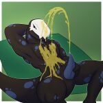  1:1 anthro bald black_body blue_spots bodily_fluids butt changed_(video_game) erection fan_character genital_fluids genitals green_background hi_res ivorylightfoot_(artist) male mask muscular nick_the_furry nude peeing peeing_on_self penis simple_background solo spots spotted_body urine urine_stream watersports 