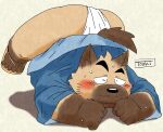  2021 anthro asian_clothing black_nose blush bodily_fluids brown_body brown_fur butt canid canine canis clothing domestic_dog east_asian_clothing fundoshi fur humanoid_hands jack-o&#039;_pose japanese_clothing kemono male mammal overweight overweight_male pose simple_background solo sweat toshi_(artist) underwear white_clothing white_fundoshi white_underwear 
