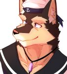  anthro bust_portrait canid canine canis domestic_dog fur hi_res jewelry krogane_kotetsu lifewonders live-a-hero male mammal multicolored_body multicolored_fur necklace portrait pubraseer purple_eyes sailor_hat sailor_uniform solo video_games 