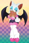  anthro bat_wings big_breasts breasts chiropteran cleavage clothed clothing female gesture hi_res high_heels licking licking_lips mammal membrane_(anatomy) membranous_wings middle_finger pattern_background rouge_the_bat saltwatertoffee sega simple_background solo sonic_the_hedgehog_(series) tongue tongue_out wings 
