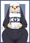  anthro big_butt blush butt canid canine canis crucifix diaper diaper_bulge domestic_dog feces female hi_res mammal messy_diaper nervous nun nyanyakotarou religion smelly soiling solo thick_thighs wide_hips 