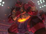  anthro bottomwear bulge clothed clothing fur genital_outline hi_res incineroar male muscular muscular_anthro muscular_male nintendo nipples pecs penis_outline pok&eacute;mon pok&eacute;mon_(species) red_body red_fur shorts steen topless video_games 
