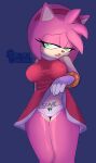  amy_rose anthro bedroom_eyes bodily_fluids body_writing bottomwear clothed clothing clothing_lift eulipotyphlan female flashing genital_fluids hedgehog hi_res looking_at_viewer mammal narrowed_eyes nipple_outline open_mouth panties pussy_juice saltwatertoffee seductive sega simple_background skirt skirt_lift solo sonic_the_hedgehog_(series) underwear watermark 