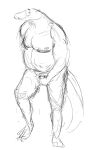  2017 anthro barely_visible_genitalia covering covering_crotch crocodile crocodilian crocodylid front_view genitals grivaire hi_res looking_aside male monochrome nude overweight overweight_anthro overweight_male reptile scalie sketch solo standing thick_tail 