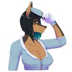  1:1 absurd_res anthro big_breasts black_hair blouse breasts canid canine canis clothed clothing conditional_dnp digital_media_(artwork) dobermann domestic_dog ear_piercing female fur gloves hair handwear hi_res looking_at_viewer mammal multicolored_body nikoyishi noah_(nikoyishi) open_blouse open_clothing open_topwear piercing pinscher police_hat police_uniform prick_ears shaded shirt simple_background smile solo sticker topwear turquoise_hair two_tone_body uniform 