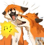  2021 ambiguous_gender black_nose canid canine digital_media_(artwork) duo eyes_closed feral flashw fox fur mammal musical_note open_mouth orange_body orange_fur real simple_background teeth tongue white_background white_body white_fur 