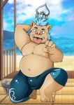  2021 absurd_res aciag anthro beach belly big_belly blue_hair brown_body bulge clothed clothing gouryou hair hi_res humanoid_hands kemono male mammal moobs nipples outside overweight overweight_male seaside solo suid suina sus_(pig) tokyo_afterschool_summoners tongue tongue_out video_games water wild_boar 