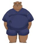  2021 96panda anthro belly big_belly black_nose brown_body brown_fur eyes_closed eyewear fur glasses hi_res humanoid_hands jinbei_(clothing) kemono male mammal overweight overweight_male simple_background solo ursid white_background 