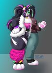  accessory anthro big_breasts big_feet blueclayman breasts clothed clothing collar feet female fully_clothed giant_panda hair_accessory hi_res huge_breasts leg_warmers legwear magic mammal piercing pigtails portrait skimpy solo standing thick_thighs torn_clothing ursid 