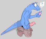  anthro blush butt clothing condom embarrassed erection genitals hi_res lizard male male/male nude penis presenting reptile scalie sexual_barrier_device showing_penis shy simple_background sodacaps solo 