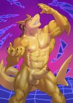  abs alpha0 anthro balls biceps blue_eyes claws erection fin fish foreskin genitals hair hi_res humanoid_genitalia humanoid_penis looking_at_self male marine muscular muscular_anthro muscular_male navel nipples open_mouth pecs penis pink_background ponytail purple_background shark simple_background solo teeth uncut yellow_body 