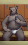  10:16 2021 absurd_res anthro belly big_belly black_nose bulge cellphone clothing hi_res humanoid_hands locker_room male mammal overweight overweight_male phone quasarbearcat sitting smartphone solo underwear white_clothing white_underwear 
