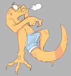  anthro blush briefs bulge clothed clothing embarrassed erection hi_res lizard male male/male reptile scalie shy simple_background sodacaps solo tent topless underwear 