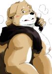 2021 anthro belly black_nose blush brown_body brown_fur canid canine canis domestic_dog fur hi_res humanoid_hands kemono male mammal mature_male moobs nipples overweight overweight_male shintatokoro simple_background solo towel towel_around_neck white_background white_body white_fur 