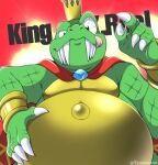  2021 4_fingers alternate_version_at_source anthro artist_name belly biceps big_belly bracelet cape cape_only character_name claws clothing crocodilian crown digital_media_(artwork) donkey_kong_(series) ermame26 fangs finger_claws fingers front_view gem green_body green_scales half-length_portrait hand_on_stomach holding_belly icon jewelry king king_k._rool kremling looking_at_viewer male mostly_nude musclegut muscular muscular_anthro muscular_male nintendo obese obese_anthro obese_male overweight overweight_anthro overweight_male pecs pink_tongue portrait reptile royalty scales scalie shaded snout solo text tongue tongue_out translated_description video_games watermark white_claws 