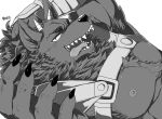  anthro areola bathym canid canine canis claws digital_media_(artwork) finger_claws fur hijirinoyuta horn looking_at_viewer male mammal monochrome nipples open_mouth sharp_teeth simple_background solo teeth tokyo_afterschool_summoners tongue tongue_out video_games white_background wolf 