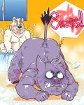  2021 anthro bathtub belly black_nose blue_body blue_fur blush bodily_fluids bumomomoboa butt duo english_text eyes_closed fur hi_res humanoid_hands inside jack-o&#039;_pose kemono male male/male mammal mature_male meme moobs nipples overweight overweight_male polar_bear pose purple_body suid suina sus_(pig) sweat text ursid ursine water white_body white_fur wild_boar 