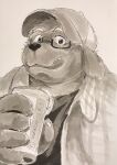  2021 alcohol anthro aotadobukitch beer beverage can canid canine canis clothing container domestic_dog eyewear glasses hat headgear headwear hi_res humanoid_hands kemono male mammal portrait shirt simple_background slightly_chubby solo tongue tongue_out topwear 