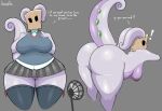  absurd_res anthro big_breasts big_butt bottomwear breasts butt clothed clothing dialogue female genitals goodra hi_res huge_butt huge_hips huge_thighs jhenightfox nintendo nude paper_bag pok&eacute;mon pok&eacute;mon_(species) purple_body pussy raised_tail skirt solo thick_thighs video_games 