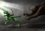  anthro armor arrow black_nose bow bow_(weapon) bracers brown_body chasing claws danaume digitigrade duo ear_piercing female feral green_body holding_object holding_weapon horn kobold looking_at_another looking_back mammal open_mouth piercing pupils quiver ranged_weapon running side_view simple_background size_difference slit_pupils teeth toe_claws tongue ursid weapon 