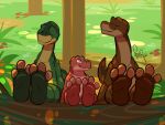  3_toes 4:3 anthro barefoot benj24 claws countershade_feet countershading dinosaur don_bluth duo feet feet_up foot_focus forest group looking_at_another outside paws plant reptile rhett_apatosaurus scalie shorty_brachiosaurus smile soles spread_toes the_land_before_time toe_claws toes tree 