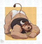  2021 absurd_res anthro beard black_nose blush bovid bovine brown_body butt cattle clothing distracting_watermark facial_hair hi_res horn humanoid_hands jack-o&#039;_pose kemono male mammal meme overweight overweight_male piero03432812 pose shirt solo topwear underwear watermark 
