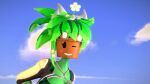  16:9 accessory anthro blaster_master blush blush_stickers clothed clothing eyewear female flower flower_in_hair flower_pot goggles goggles_on_head green_body green_skin hair hair_accessory hi_res jacket kanna_(blaster_master) leaf leaf_hair not_furry one_eye_closed p1ckledpea plant plant_hair pseudo_hair sky smile smiling_at_viewer solo topwear video_games widescreen wink 