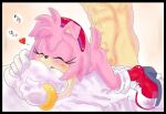  &lt;3 all_fours ambiguous_penetration amy_rose anthro anthro_penetrated balls bed black_nose blush boots clothing eulipotyphlan eyes_closed female female_on_human footwear fur furniture genitals glistening glistening_body gloves handwear hedgehog hugging_pillow human human_on_anthro human_penetrating human_penetrating_anthro interspecies male male/female male_on_anthro mammal mostly_nude on_bed penetration pillow pink_body pink_fur randomguy999 sega sex simple_background sonic_the_hedgehog_(series) 