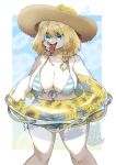  2021 4_fingers anthro big_breasts bikini blonde_hair blue_eyes braided_hair breasts canid canine canis cheek_tuft chest_tuft cleavage clothed clothing digital_media_(artwork) domestic_dog facial_tuft fangs female fingers hair happy hat headgear headwear hi_res kemono lemoco mammal o-ring open_mouth open_smile pawpads paws pink_nose pink_pawpads portrait shaded signature smile solo spread_legs spreading swimwear tailwag three-quarter_portrait tongue tongue_out tuft 