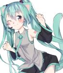  &lt;3 &lt;3_eyes :3 alternate_species anthro armwear blue_eyes blue_hair blue_necktie blush bottomwear clothing detached_sleeves domestic_cat eyebrow_through_hair eyebrows felid feline felis female furrification grey_clothing grey_shirt grey_topwear hair hatsune_miku hi_res long_hair looking_at_viewer mammal necktie one_eye_closed shirt simple_background skeet_(artist) skirt solo topwear translucent translucent_hair vocaloid white_background wink 