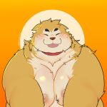  1:1 2021 absurd_res anthro belly blush brown_body brown_fur canid canine canis collar domestic_dog eyes_closed fur hi_res kemono male mammal moobs nipples overweight overweight_male portrait qqmelon888 simple_background solo 