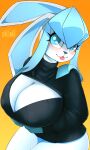 3:5 absurd_res anthro big_breasts blush breasts cleavage cleavage_cutout clothed clothing eeveelution faejunkie female glaceon hi_res huge_breasts looking_at_viewer nintendo nipple_outline pok&eacute;mon pok&eacute;mon_(species) signature simple_background solo sweater tongue tongue_out topwear turtleneck video_games 