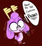  anthro antlers bedfellows digital_media_(artwork) english_text fatigue fur gun hair hi_res horn jackalope lagomorph male mammal multicolored_hair open_mouth purple_body purple_fur ranged_weapon simple_background snooters solo text two_tone_hair weapon 