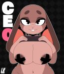  2021 absurd_res anthro beat_banger big_breasts black_eyes breasts brown_body brown_fur clothed clothing clothing_lift curvy_figure digital_drawing_(artwork) digital_media_(artwork) elaine_claire female fur hi_res lagomorph leporid lobokosmico looking_at_viewer mammal navel nipple_tape pasties rabbit shirt signature simple_background solo tank_top tape teeth text thick_thighs topwear wide_hips 