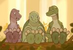  3_toes ambiguous_gender anthro barefoot benj24 claws countershade_feet countershading dinosaur don_bluth duo feet feet_up foot_focus forest group hyp_hypsilophodon looking_at_another paws plant reptile scalie smile soles spread_toes the_land_before_time toe_claws toes tree 