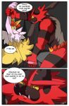  2021 anthro black_body black_fur blush border braixen comic dialogue duo english_text fur girly hi_res incineroar kingbriarturtle male muscular muscular_anthro muscular_male nintendo pok&eacute;mon pok&eacute;mon_(species) red_body red_fur text video_games white_border 