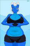  &lt;3 animated anthro big_breasts blue_body blue_eyes blue_scales boob_drop breast_jiggle breasts camel_toe chubby_female clothed clothing clothing_lift conditional_dnp dragon evov1 eye_scar facial_scar female hair hi_res horn looking_at_viewer motion_tweening navel nipples non-mammal_breasts one_eye_closed reptile scales scalie scar shirt shirt_lift short_playtime simple_background slightly_chubby smile solo tongue tongue_out topwear white_hair wingless_dragon wink 